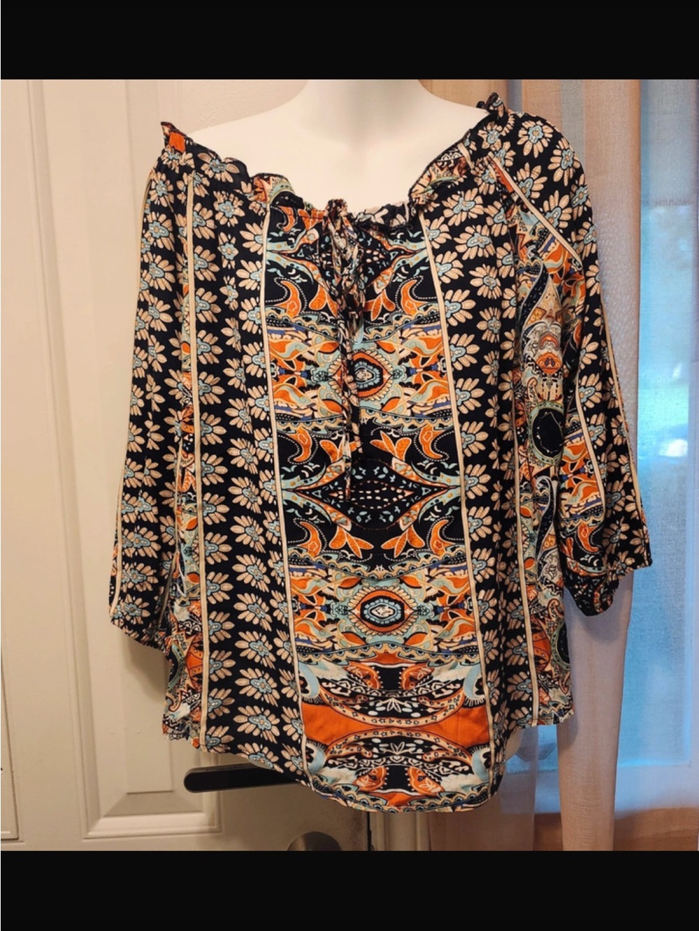 Boho Floral & Paisley Tie-Neck Tunic - Black & Orange